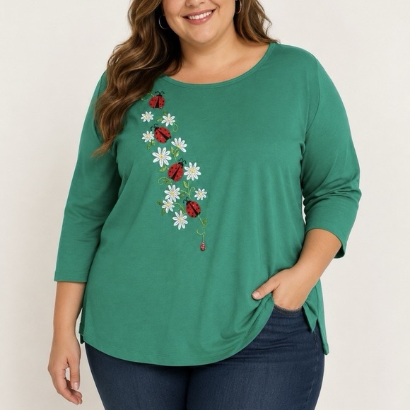 Quacker Factory Tops - Quacker Factory Green Floral Embroidery Ladybug Dangle Knit Top Size 2X